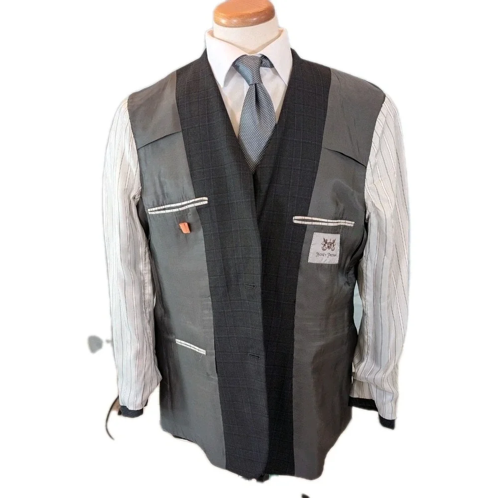 Hickey Freeman Suit Mens 44R Gray Blue Windowpane 2 Button 100% Wool 36x29 USA